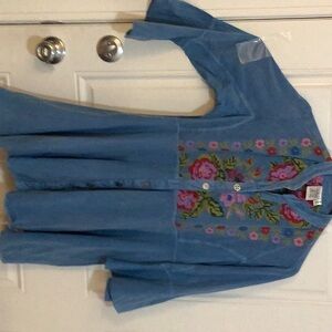 Embroidered Blue Button-Up Top
Tunic 
Dress for some 
PTP20 length 30